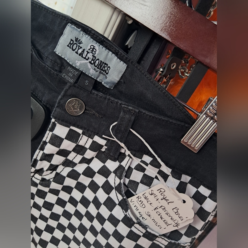 SOLD Royal Bones Half Black Half Black and White Checkered Skinnies! Bone Pocket - Picture 2 of 4